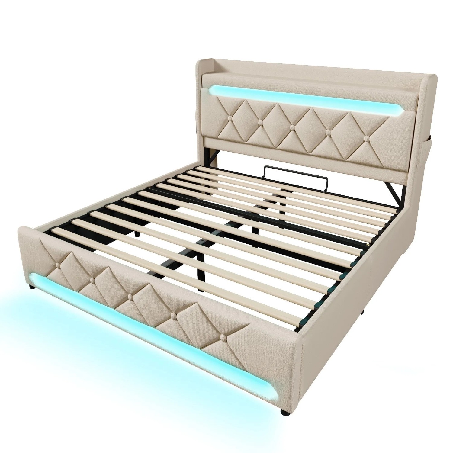 Okwish Polsterbett 140x200cm Mit Led Stauraum Usb Kopfteil Beige Mit Matratze