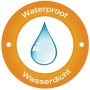 Symbol für wasserdichten Sanilo Duschvorhang, Tropfen in orangem Kreis.