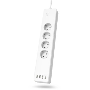 Weiße Hama WLAN-Steckdosenleiste mit 4 Schuko-Steckdosen und 4 USB-Anschlüssen.