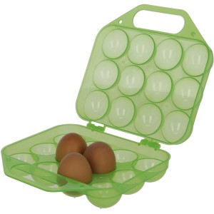Grüne Eier-Transportbox für 12 Eier, Kunststoff, mit drei braunen Eiern.