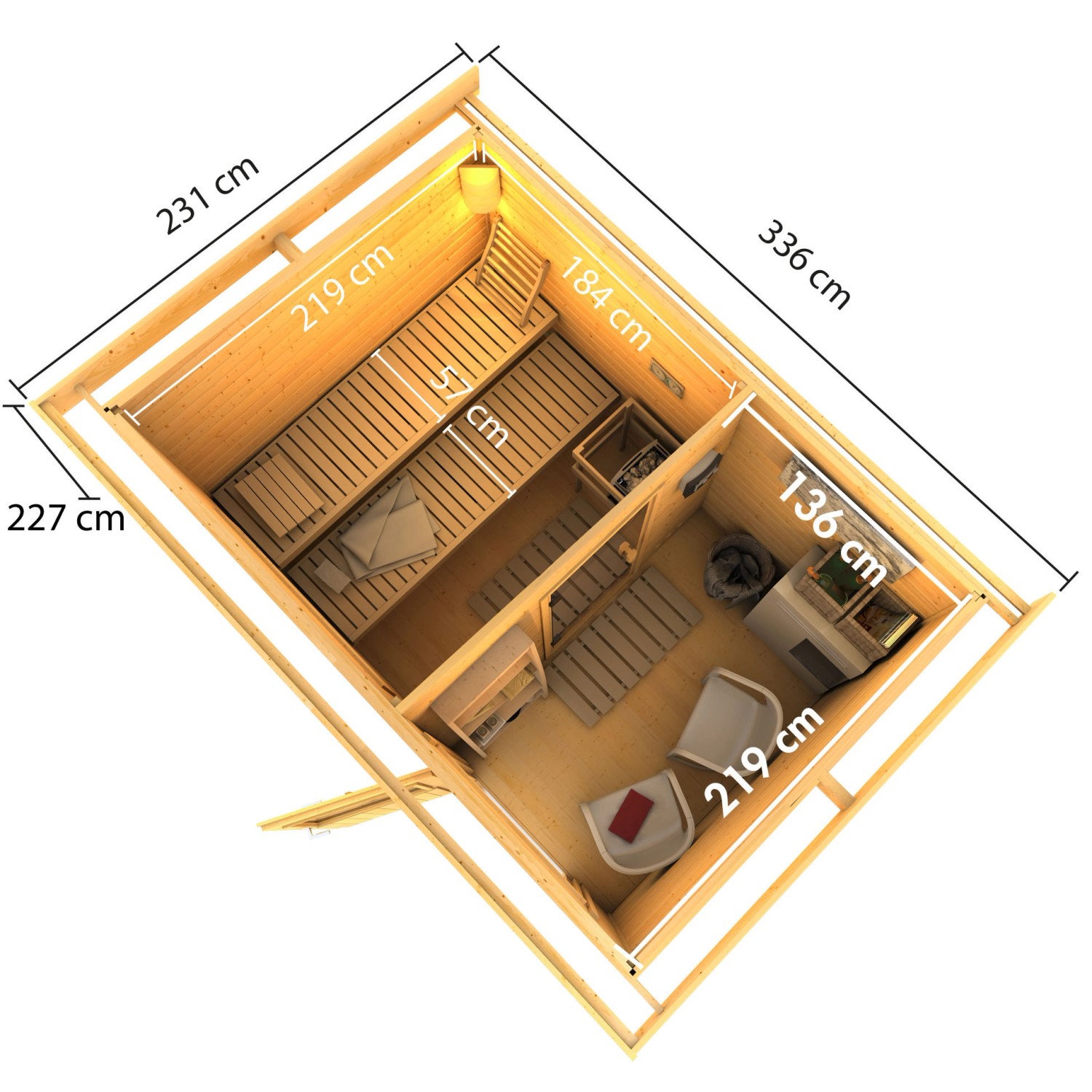 Innenansicht Karibu Saunahaus Hendrik 2 mit Ofen und Steuerung, Bänke aus Espenholz. Saunahaus aus Fichte.