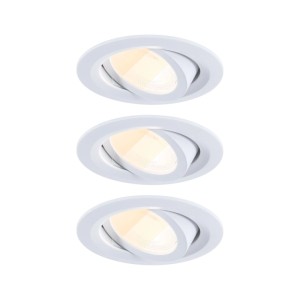 Set aus 3 weißen, schwenkbaren LED-Einbaustrahlern aus Kunststoff. Runde Leuchten mit WhiteSelect Funktion.