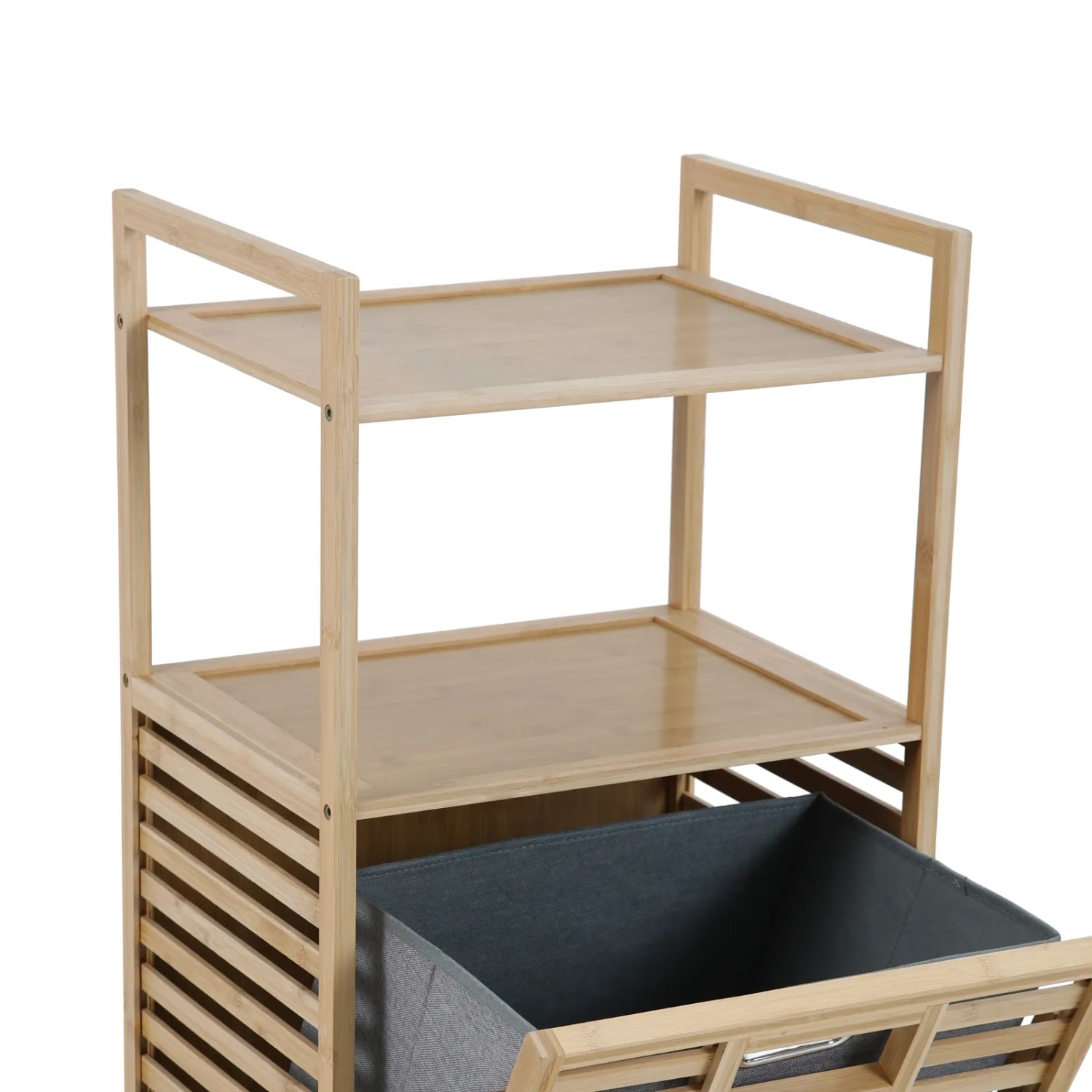 Svita Puvi 2in1 Badregal mit Wäschekorb aus Bambus, zwei Ablagen und grauem Wäschesack.