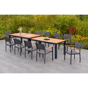Merxx Paxos Gartenmöbel-Set mit 10 Stapelsesseln und ausziehbarem Gartentisch.