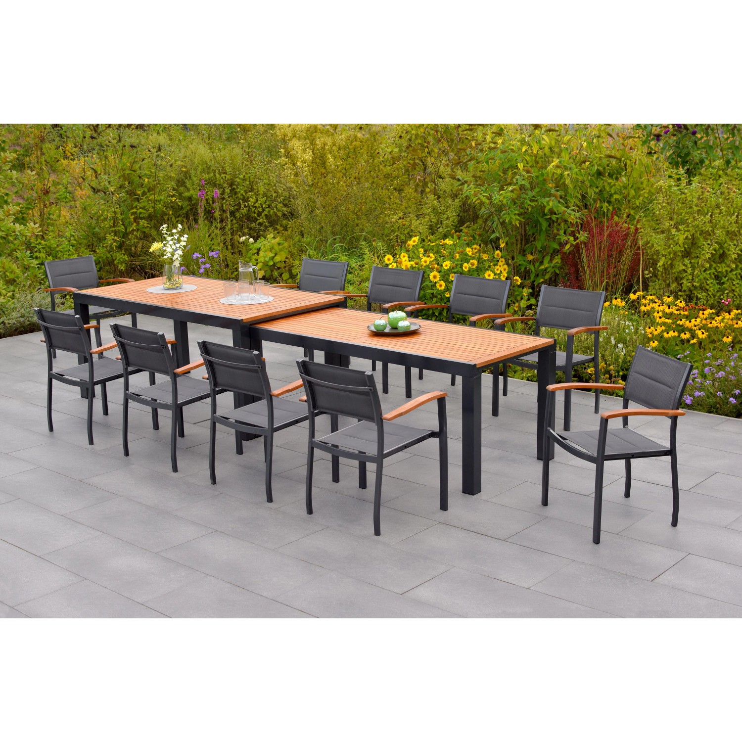 Merxx Paxos Set 11-tlg. 10 Stapelsessel Flex-Gartentisch Ausziehbar günstig online kaufen