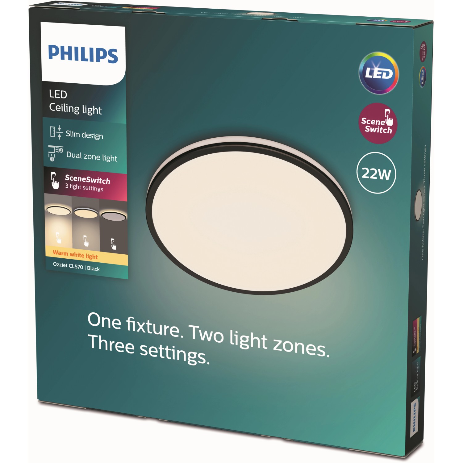 Verpackung der schwarzen Philips LED-Deckenleuchte Ozziet SceneSwitch mit 2300 lm.