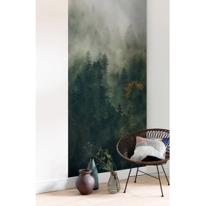 Komar Fototapete Vlies „Tales of the Carpathians“: Nebliger Wald mit grünen Tannen, 100x250 cm.