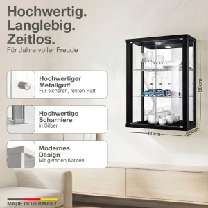 Schwarze Wandvitrine mit Glasböden, LED und Spiegel, 80x60x25 cm, Made in Germany.