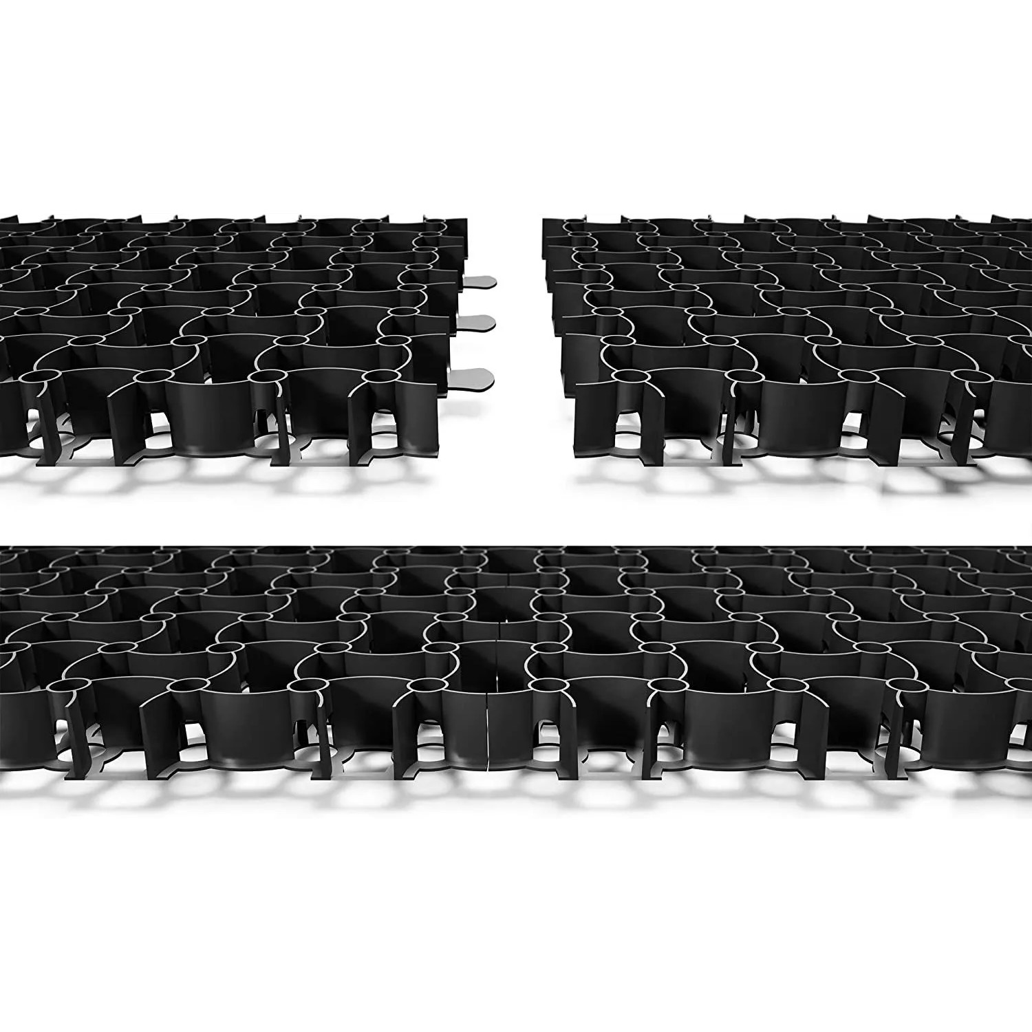 Schwarze Kunststoff Paddockplatten mit Wabenstruktur und Stecksystem. Ideal als Rasengitter für Reitplätze, Wege und Parkplätze.