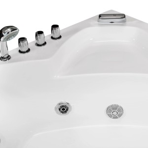 Detailaufnahme der AquaVapore Whirlpool Badewanne 135x135cm mit Armaturen und Abfluss.