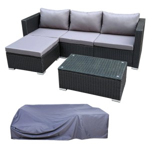 Schwarzes Polyrattan Gartenlounge Set mit grauen Kissen, L-Form, Couchtisch mit Glasplatte und Abdeckhaube.