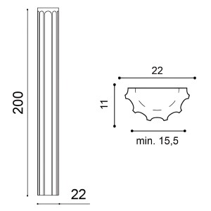 Technische Zeichnung einer weißen ORAC DECOR Halbsäule K1001 LUXXUS mit Maßen.