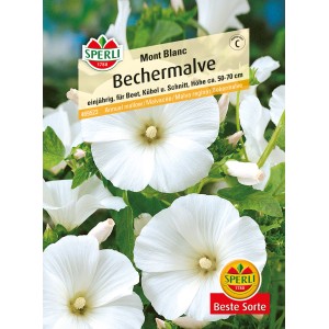 Samenpackung Sperli Bechermalve Mont Blanc mit weißen Blüten. Blumensamen für Beet, Kübel und Schnittblumen.