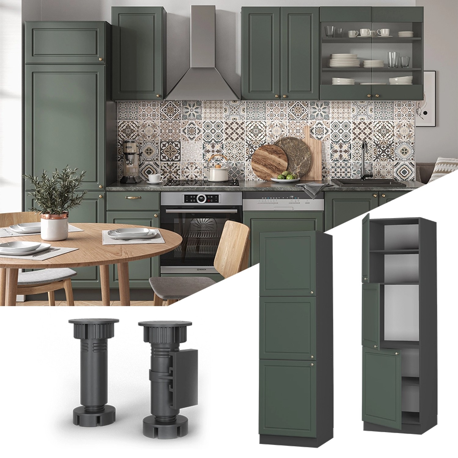 Vicco Herdumbauschrank Fame-Line in Grün-Gold/Anthrazit, 60 cm. Küchenschrank für Einbauherd im Landhausstil.