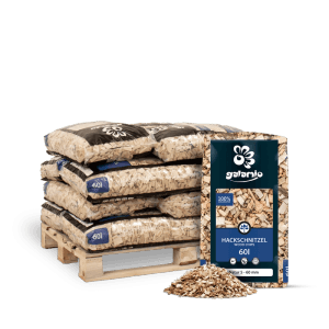 Galamio Holzhackschnitzel Natur 60l Säcke auf Palette. Heller Mulch für Garten und Beete, unkrauterschwerend.