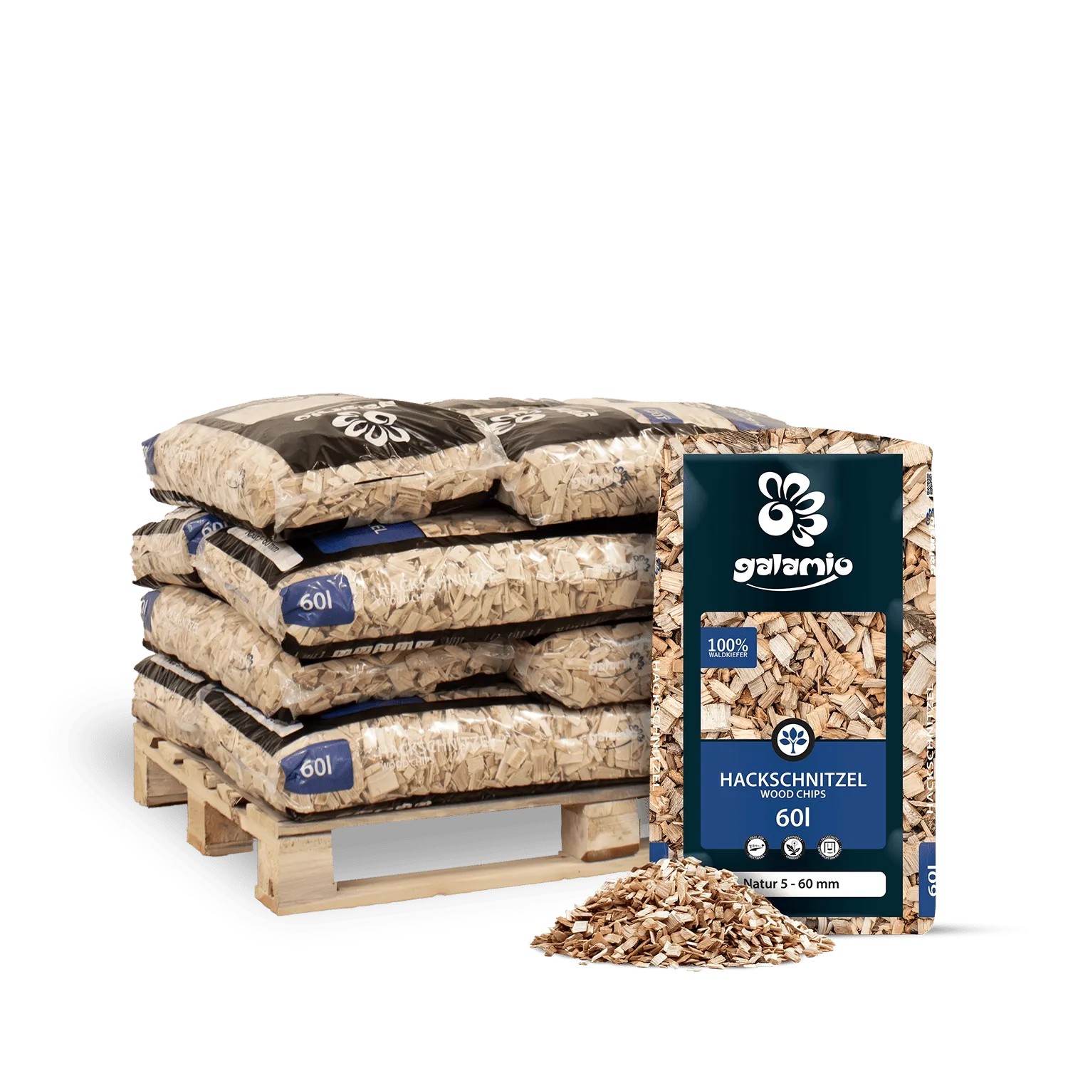 Galamio Holzhackschnitzel Natur 60l x 12 Sack 720l 12er Palette