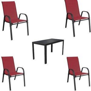 Lex Gartenmöbel-Set, 5-teilig, mit Gartentisch und vier roten Stapelstühlen.