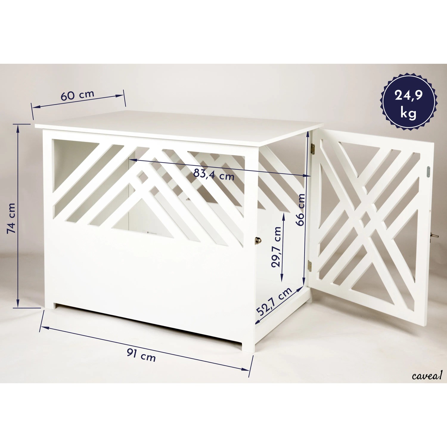 WONDERMAKE Design Hundekäfig Schrank cavea1, weiß, mit offener Tür und Maßangaben.
