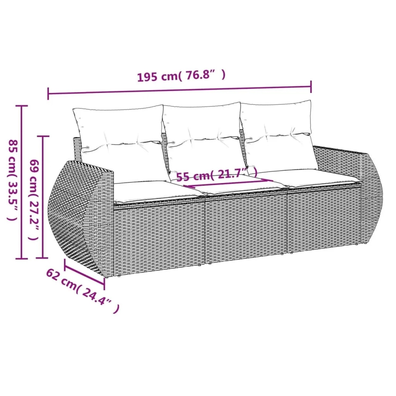 Graue 3-tlg. vidaXL Garten-Sofagarnitur aus Polyrattan mit Kissen. Gartenmöbel für Terrasse und Garten.