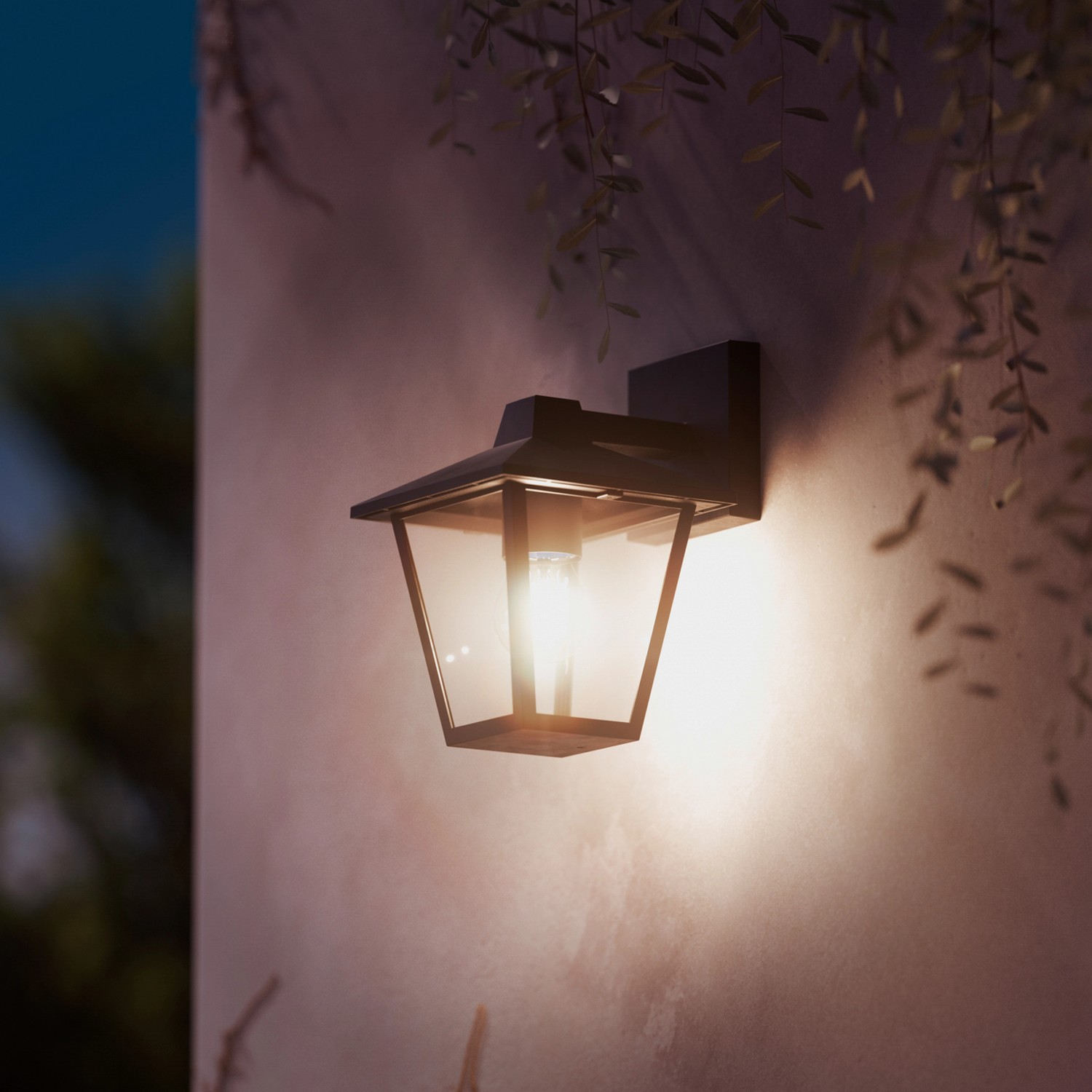 Schwarze Philips Kinno LED-Außenwandleuchte mit Bewegungssensor an einer Wand.