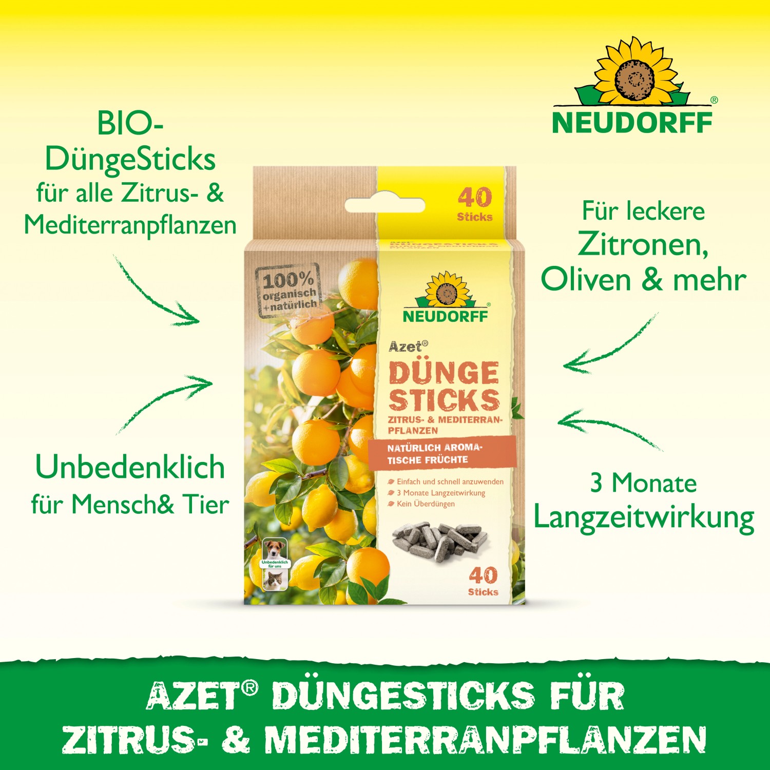Neudorff Azet Düngesticks für Zitrus- und Mediterranpflanzen, 40 Stück. Dünger für reiche Ernte und gesundes Wachstum.