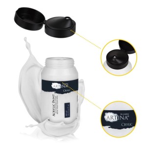 Artina Crylic Acrylfarbe Titanweiß, 500ml Flasche mit Farbspritzer und geöffnetem Deckel.