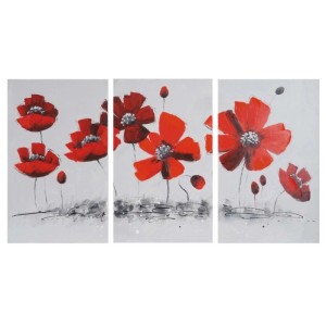 Drei handgemalte Ölgemälde: abstrakte rote Mohnblumen auf Leinwand. Dekorative Wandbilder für Wohnaccessoires.