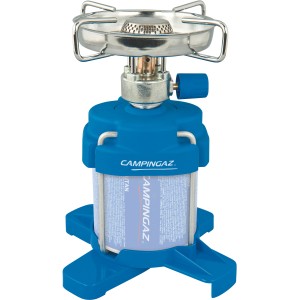 Campingaz Gaskocher Bleuet 206 Plus: kompakter Campingkocher mit Edelstahl-Topfträger und blauem Gehäuse.