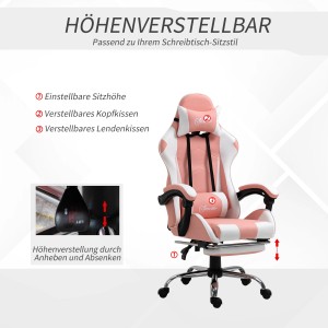 Rosa-weißer Vinsetto Gamingstuhl mit verstellbarer Kopf- und Lendenwirbelstütze, drehbar.