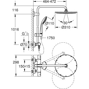 Technische Zeichnung Grohe Euphoria 310 Duschsystem Warm Sunset mit Maßen.
