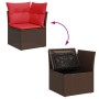 Braune 9-tlg. vidaXL Garten-Sofagarnitur aus Rattan mit roten Kissen und Stauraum.