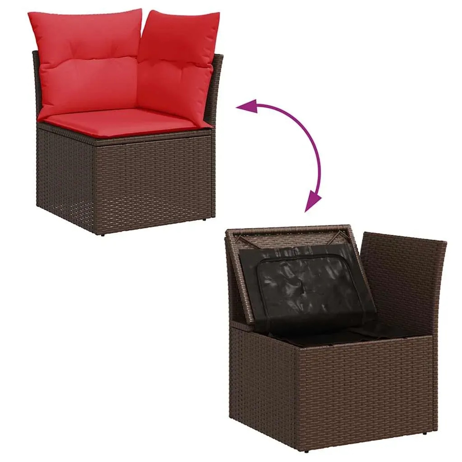 Braune 9-tlg. vidaXL Garten-Sofagarnitur aus Rattan mit roten Kissen und Stauraum.