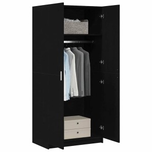 Schwarzer vidaXL Kleiderschrank (80x51x180cm) aus Holzwerkstoff mit geöffneten Türen und Innenleben.