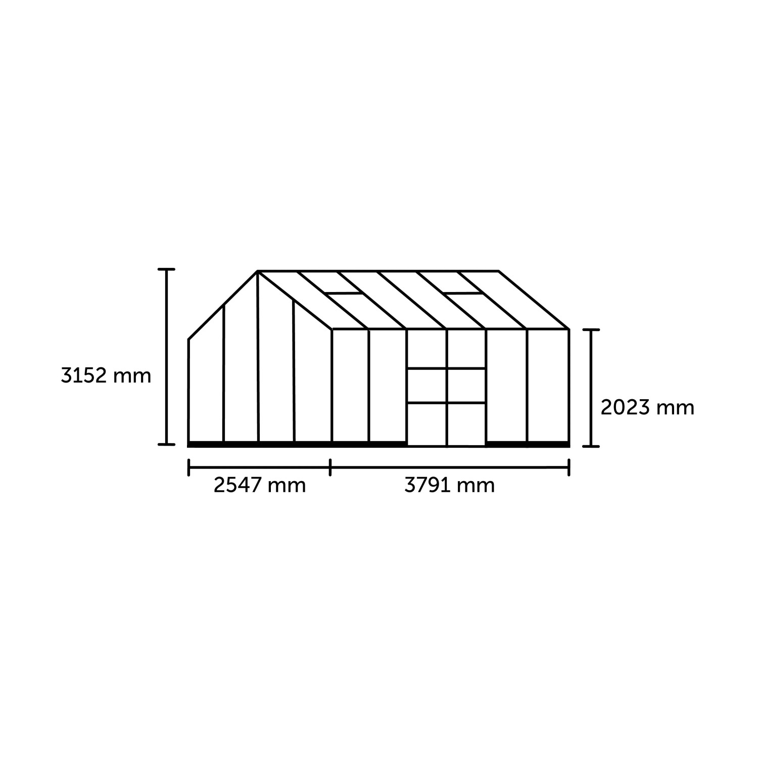 Technische Zeichnung: Grünes Halls Gewächshaus Icon Planthouse 8 mit Maßangaben.