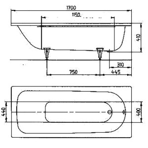 Technische Zeichnung Kaldewei Saniform Plus Rechteck-Badewanne, 170x75 cm, Maße und Ansichten.