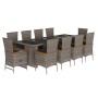vidaXL Garten-Essgruppe, 11-teilig, grau, Poly Rattan. Gartentisch mit Glasplatte und 10 Stühle mit Kissen.