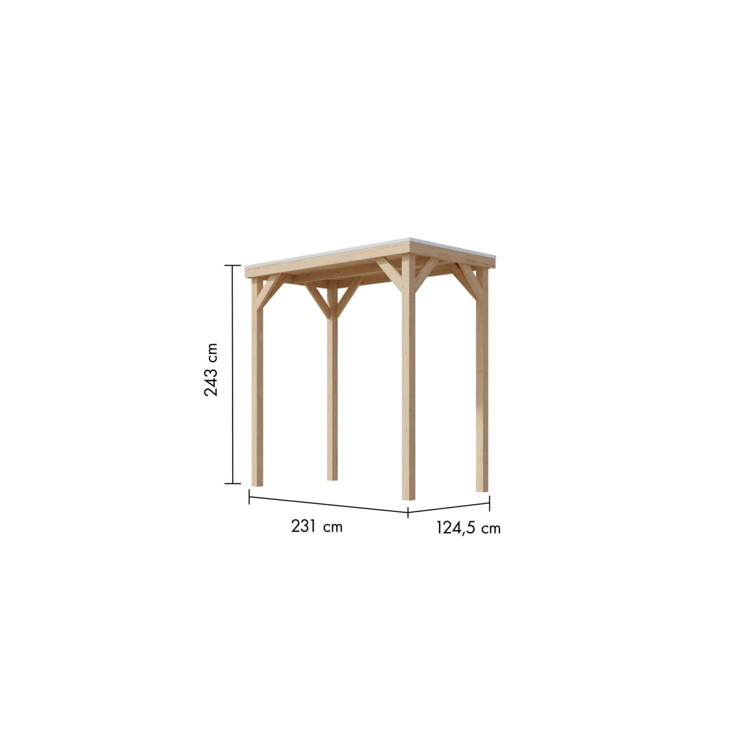 Karibu Grillpavillon/Snackautomaten-Unterstand aus Holz, 231x124,5cm, mit Maßangaben.