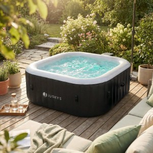 Aufblasbarer Juskys SpaLuxe Whirlpool schwarz-weiß mit sprudelndem Wasser auf einer Holzterrasse im Garten.