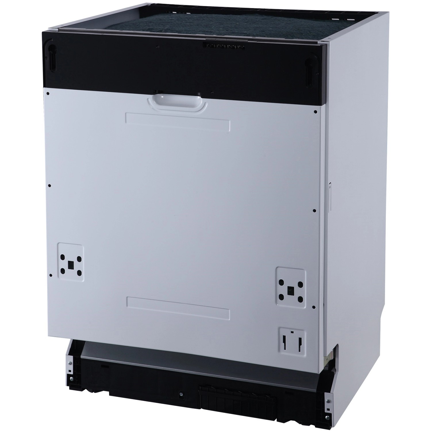 Rückansicht Respekta Premium Inselküche 280 cm, Geschirrspüler vollintegriert, weiße Küchenfront.