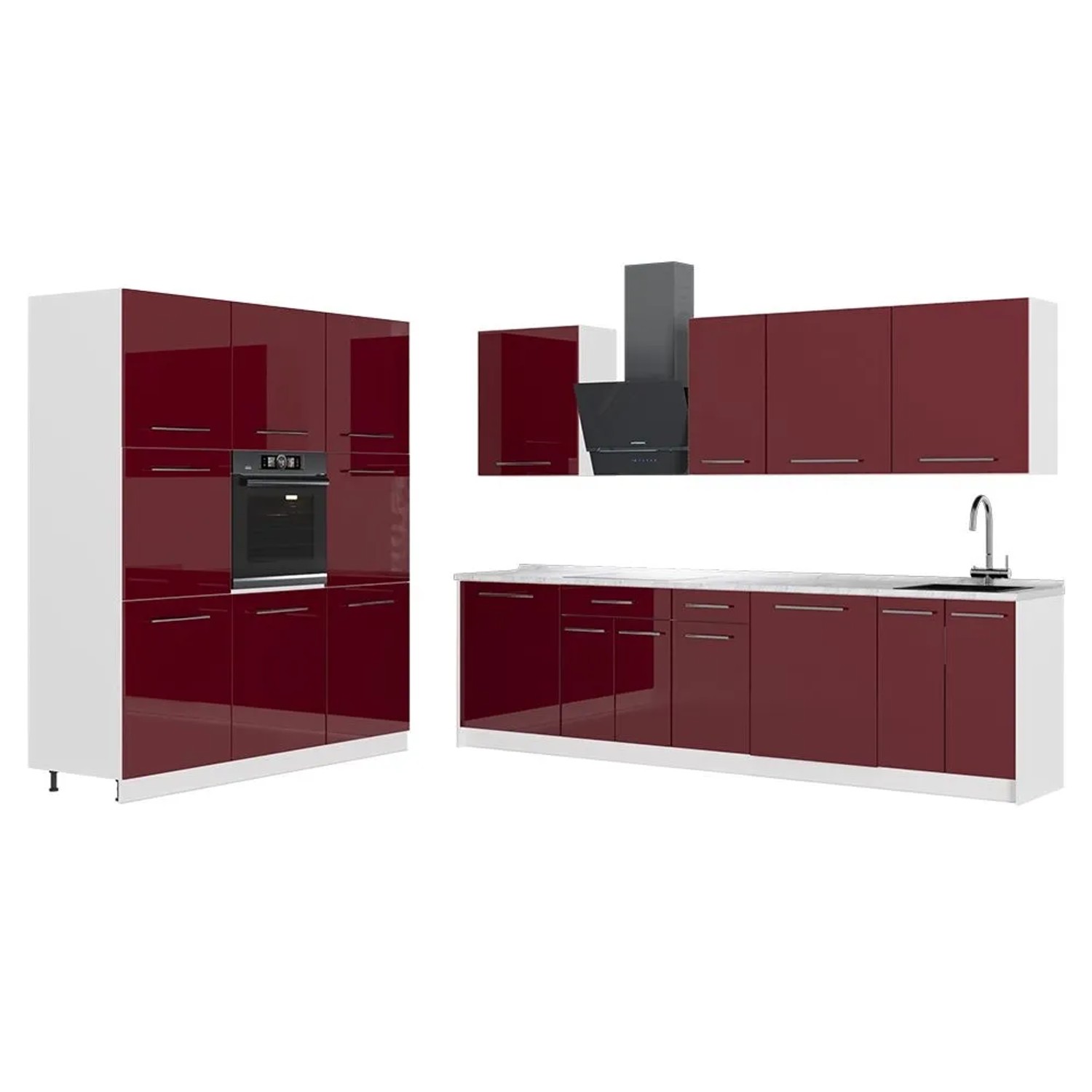 Vicco Küchenzeile Fame-Line Bordeaux Hochglanz/Weiß 460 x 207 AP Marmor Art Nr 63835