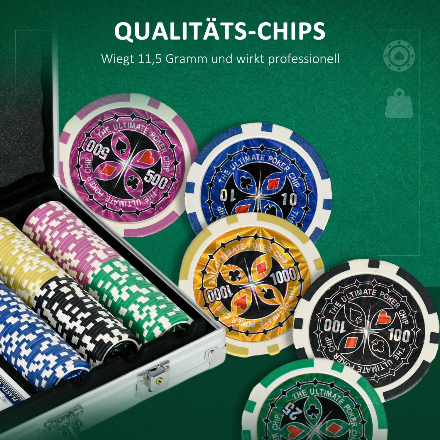 Hochwertige, farbige Pokerchips mit Werten im offenen silbernen Aluminiumkoffer auf grünem Filz. Komplettes Poker Set.