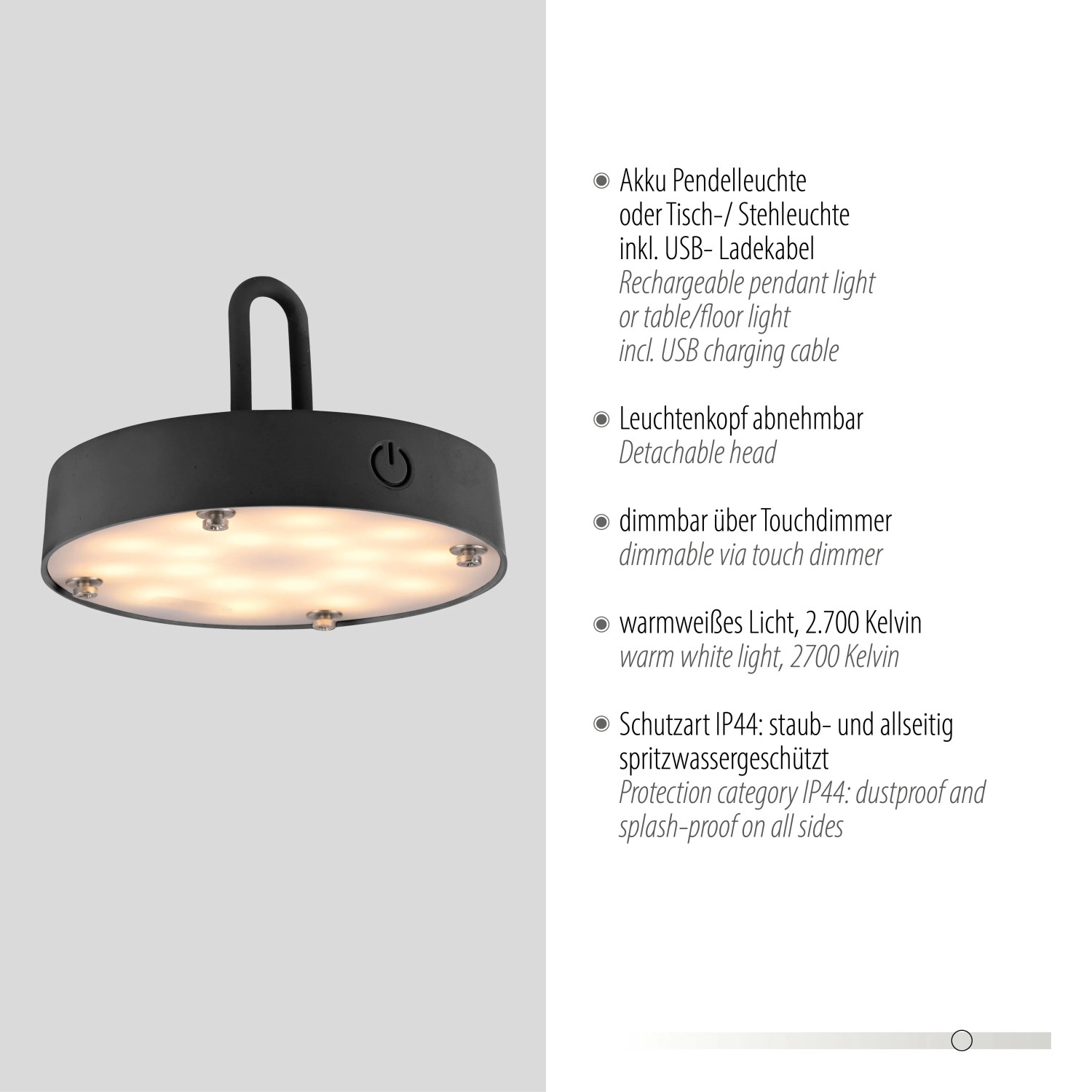 Schwarze LED Akku-Pendelleuchte Akuba, dimmbar, für Innen & Außen.