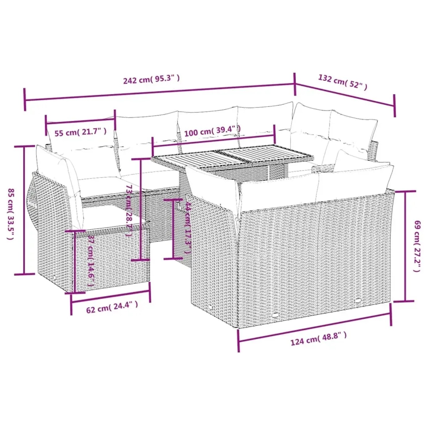 vidaXL 9-tlg. Garten-Sofagarnitur grau Poly Rattan mit Tisch und Kissen