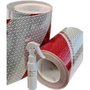 UvV Kfz-Warnmarkierung Klebeset mit Anti-Blasen Fluid, 2 Rollen (je 9m) rot/weiß, links- & rechtsweisend.