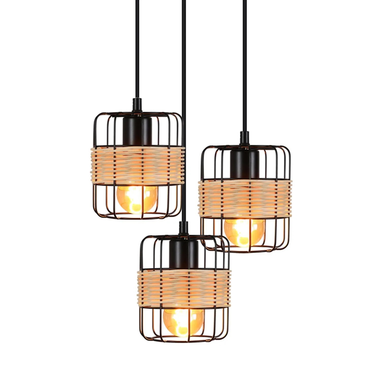NETTLIFE Hängeleuchte aus Schwarzem Metall 25 CM E27 Vintage-Rattan-Design 3-flammig für Wohn- Ess- und Schlafzimmer