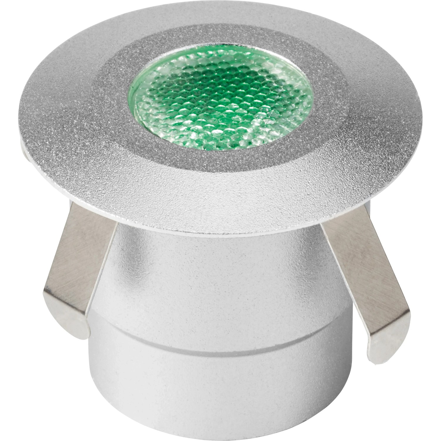 Runde LED-Bodeneinbauleuchte Budoni RGB aus Aluminium, mit grüner Beleuchtung.