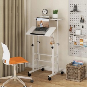 Höhenverstellbarer, mobiler Computertisch Costway in Weiß mit Laptop und Zubehör.