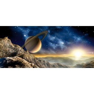 Sanders & Sanders Fototapete Universum beige/blau (202x90cm) mit Saturn vor Sternenhimmel.