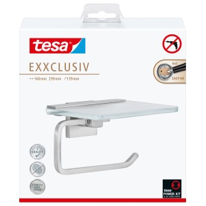 Tesa Exxclusiv Toilettenpapierhalter mit Ablage in Edelstahloptik, zur Wandmontage ohne Bohren.