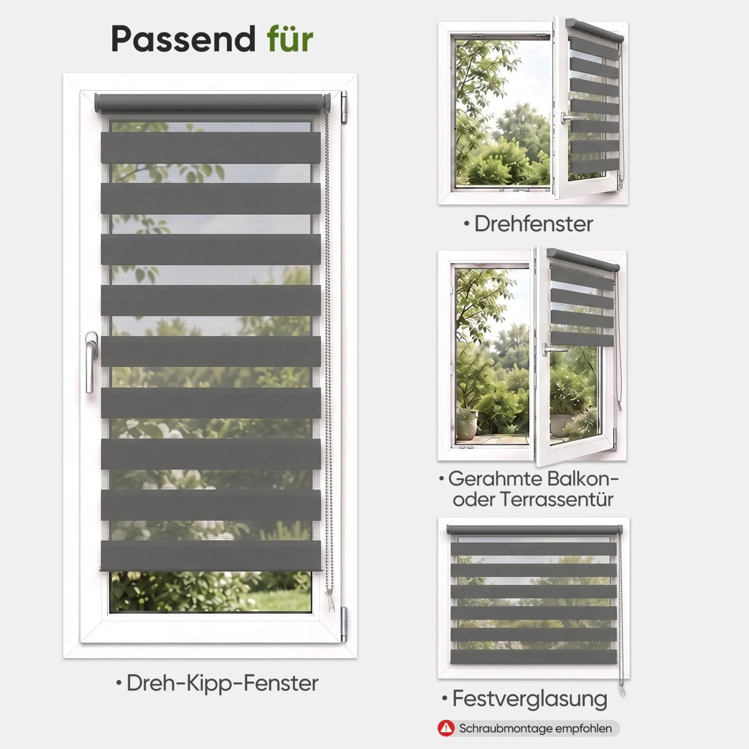 Graues SALCAR Doppelrollo Klemmfix an verschiedenen Fenstern. Flexibler Sichtschutz für Dreh-Kipp-Fenster, Türen, Festverglasung.